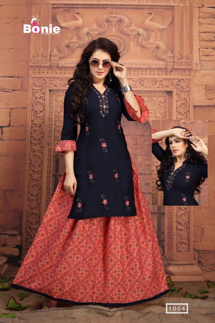 Bonie Shenaz Latest Fancy Regular Wear Rayon Printed Kurtis With  Skirt  Collection 